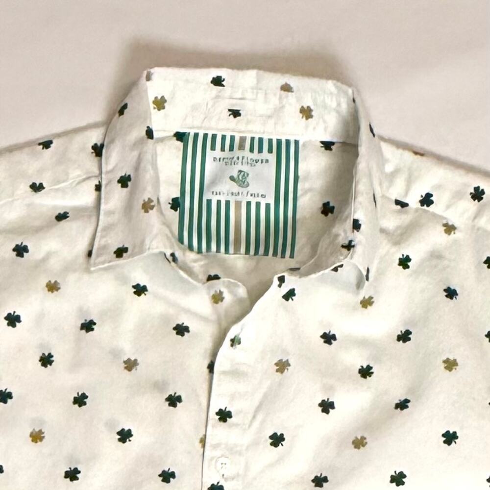 Men’s Denim and Flower Short Sleeve Shirt with Shamrock Print. Size Large